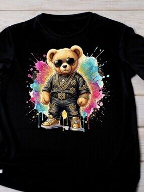 Boutique Black Urban Teddy Bear Tee With Hand-Placed Crystals